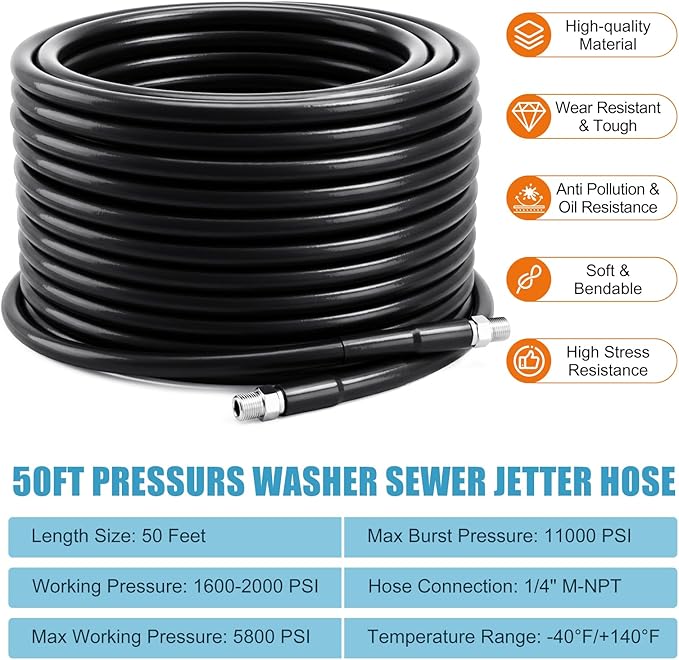 Sewer Jetter Kit for Pressure Washer 50FT, 5800 PSI Power Washer Drain Jetter Cleaner Hose with 1/4 Inch NPT Corner Rotating Nozzle and 4 Different Button Hose Sewer Jet Nozzles Cleaning Sewage Pipes