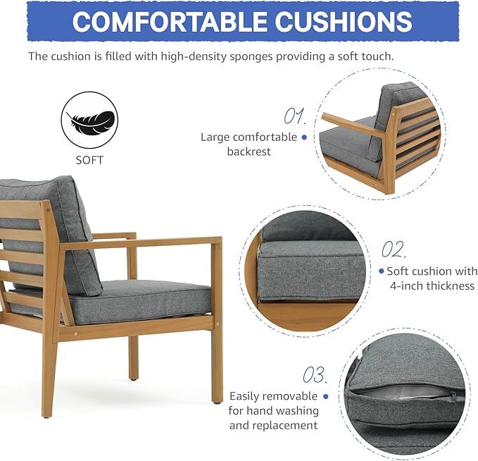 SUNSITT 4 Piece Acacia Wood Patio Furniture Set, Outdoor Conversation Sofa Set with Coffee Table & Cushions for Garden, Backyard, Dark Grey