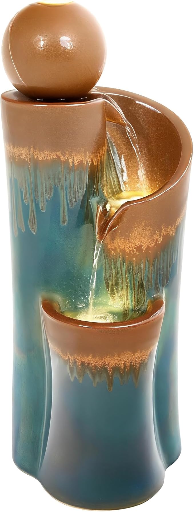 32" H Ceramic Outdoor Water Fountain with LED Lights, 3-Tier Cascading Sphere Water Feature, Tranquil Waterfall for Relaxing Garden, Patio, Yard, or Porch, Teal & Copper Drip-Glaze Finish