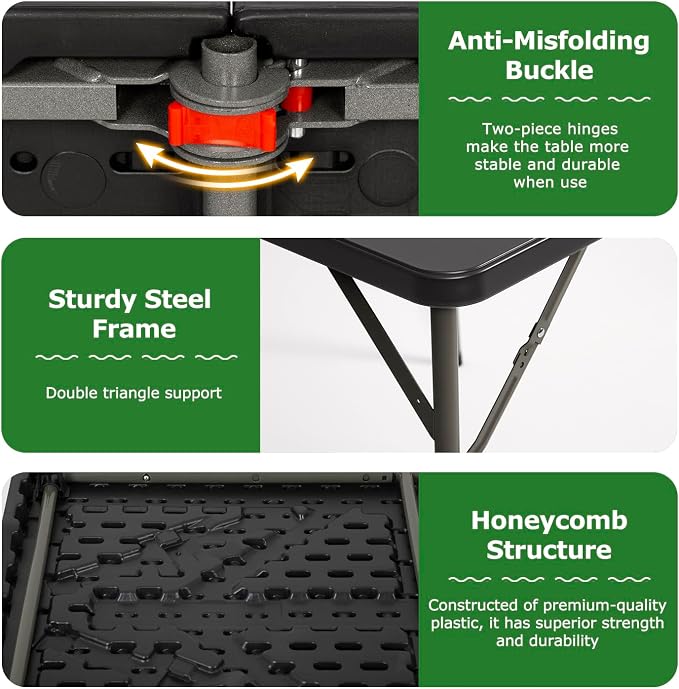 BestOffice 4 FT Picnic Table Folding Table Camping Plastic Table Fold Up Table Lock for Party Event, Black