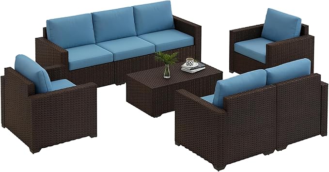 Outsunny 5 Piece Patio Furniture Set with Storage Bin Coffee Table, Wide Deep PE Rattan Wicker Outdoor Conversation Sofa Set with Cushions, Blue