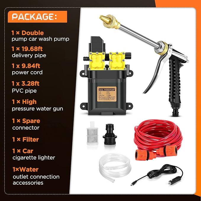 Car Pressure Washer - 100W 160PSI Portable Electric Washer Pump with 20 Feet PVC Hose 12V Pressure Washers for Home Garden Car Vehicles Cleaning Pet Shower (Dual Pump-B)