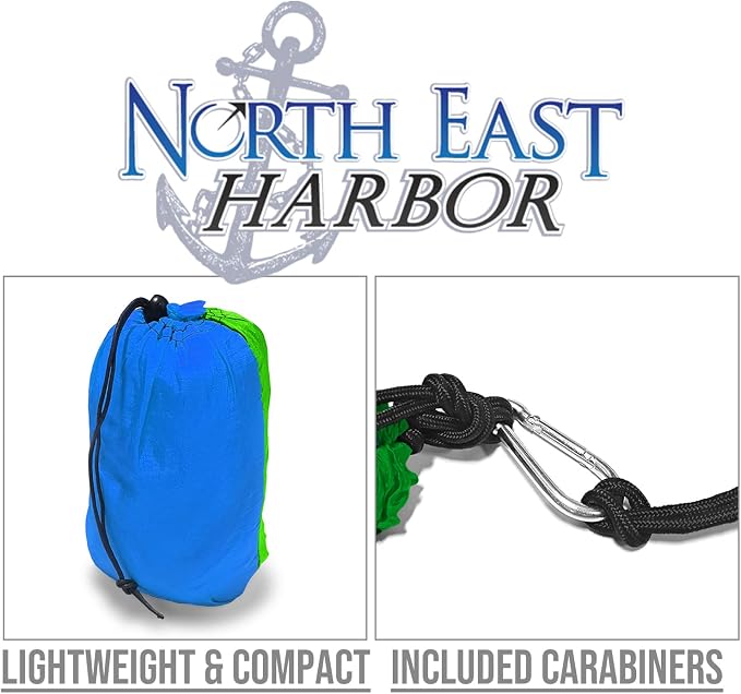North East Harbor Hammock, Portable 2 Person Camping Hammock, Hammock for Two with Carabiners and Pre-Attached Bag, Two Person Hammock Camping Fun, Great Camping Accessories (Fruit Green & Light Blue)