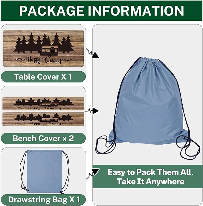 Picnic Table Cover with Bench Covers Elastic Edges, Wooden Camper Fitted Table Cover, Outdoor Patio Camping Essentials 60 Inch 3PCS, Waterproof Camping Fitted Tablecloth with Drawstring Bag