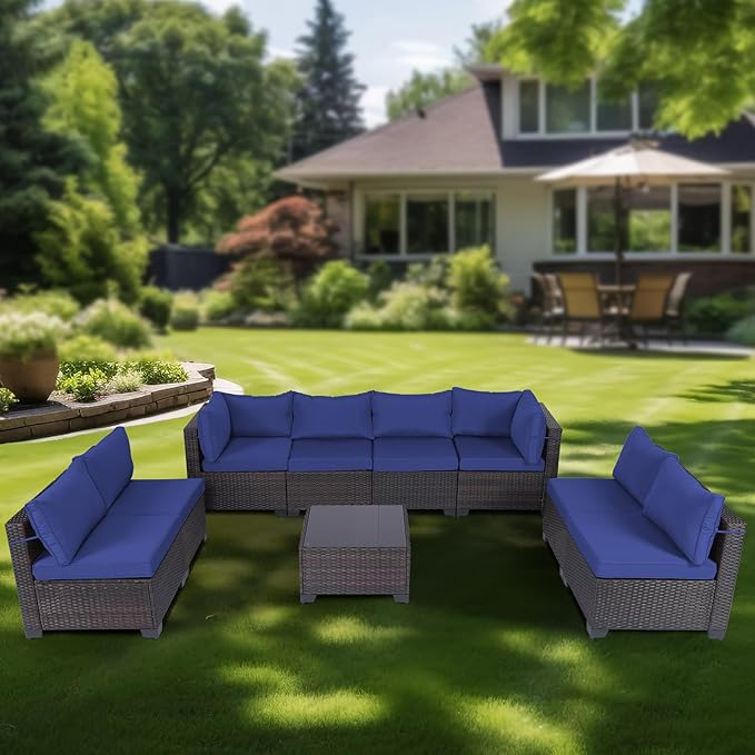 CHABATREE 9 Pieces Outdoor Patio Furniture Sets,Rattan Conversation Sectional Set,Manual Weaving Wicker Patio Sofa with Tea Table
