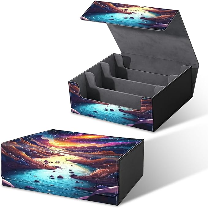 Large Card Deck Box for MTG, Fits 1200+ Sleeved Cards, PU Leather Storage Case with Strong Magnetic Closure, Multiple Colors for TCG CCG Baseball Card Collections, Mountains Rivers