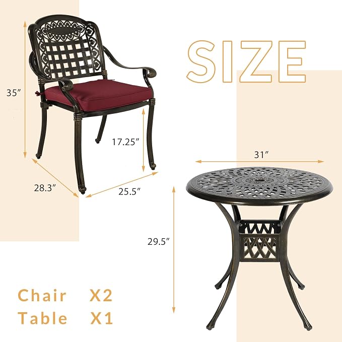 3-Piece Outdoor Patio Dining Set, All-Weather Cast Aluminum Patio Furniture Set for Backyard Garden Deck with 2 Cushioned Chairs and 31” Round Table, 2" Umbrella Hole, Chili Red