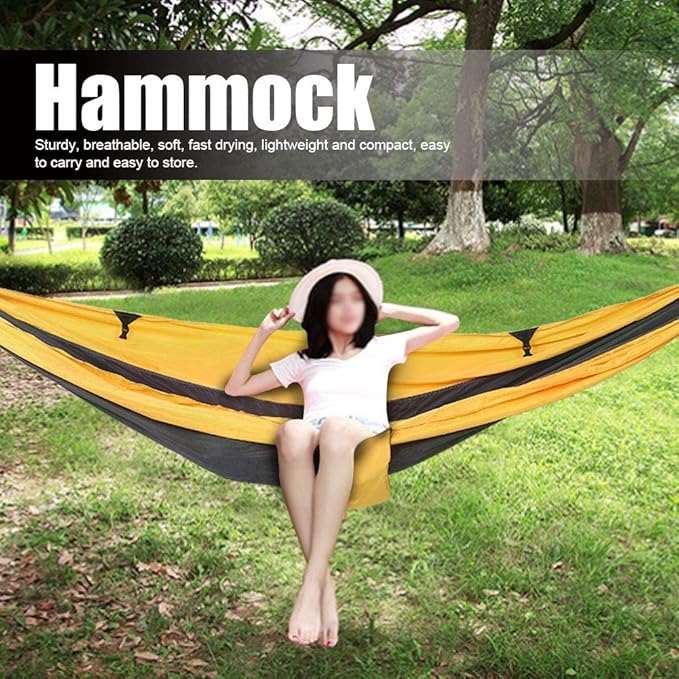 Hanging Chair Bed Dual Use Portable Hammock, Camping Hammock with Steel Buckles and Tree Straps, Sturdy Breathable 300T Polyester Outdoor Swing for Courtyard Corridor (Yellow Gray)