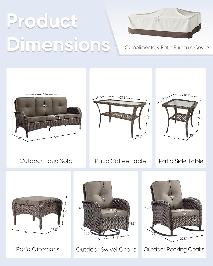 10-Piece Patio Furniture Set-Patio Rocking Chairs Set of 4 Outdoor Rattan Sofa Sets with Coffee Table Outdoor Patio Furniture Sets for Deck Porch Garden Balcony Poolside-Brown/Grey