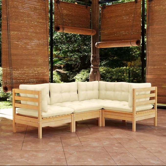 4 Piece Patio Lounge Set with Cream Cushions, Sectional Sofa Front Porch Furniture Patio Conversation Set Outdoor Sofa Sets for Exhibition Poolside Piazza Negotiation Area Pinewood