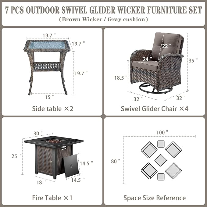 Belord 7 Piece Wicker Patio Furniture Set with 30" Fire Pit Table - Outdoor Swivel Rocker Chairs Set of 4 with Glass Side Tables Set of 2, Patio Conversation Set for Casual Gathering Brown/Grey