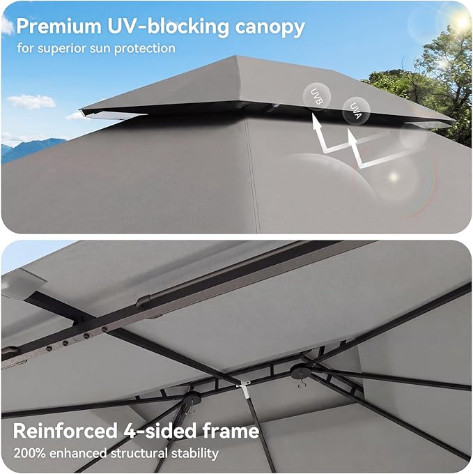 12'x10' Gazebo, Outdoor Gazebo Metal Frame Canopy with Double Roofs, Heavy Duty Patio Tent Shelter with Mosquito Netting and Privacy Screen for Backyard, Grey
