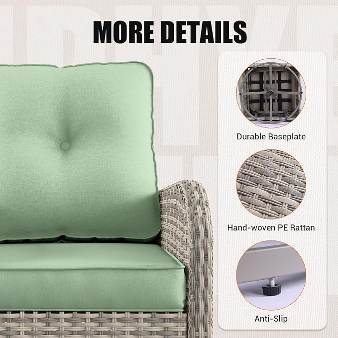 11-Piece Outdoor Patio Furniture Set with Rocking Swivel Chair, Wicker Rattan Sectional Sofa Conversation Set with 55,000 BTU Fire Pit Table, Backyard Furniture, Light Green
