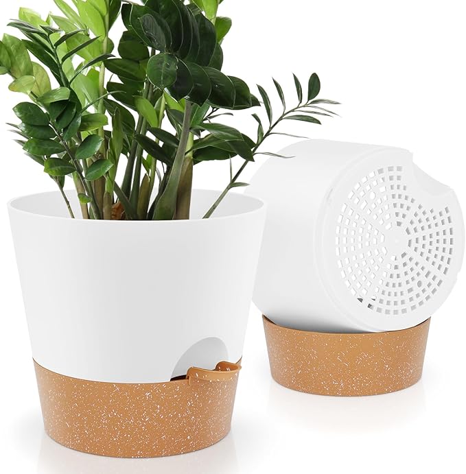 YNNICO 10 inch Plant Pots, Self-Watering Planters with Drainage Holes & Saucers for Indoor and Outdoor Plants (2-Pack,White