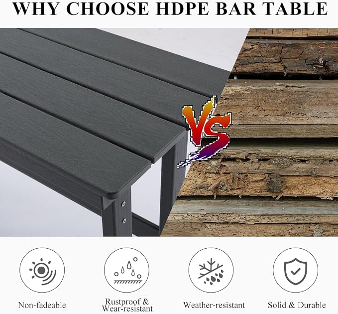 HDPE Outdoor Bar Height Table,54" Rectangular Patio Table, All-Weather Design for Bistro/Garden/Poolside (Gray)