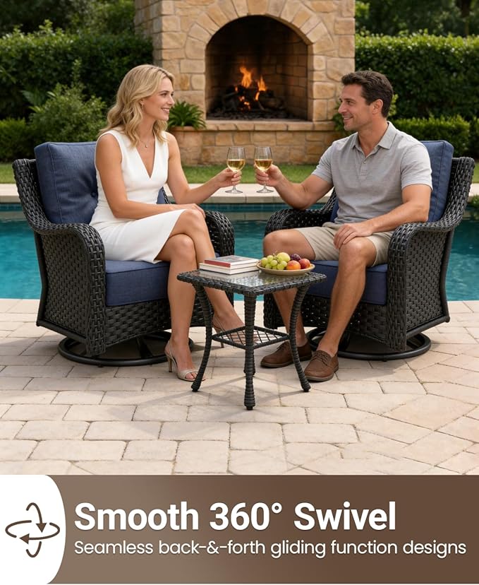 3 Pieces Outdoor Furniture Set with 6-inch Cushions, High Back Wicker Swivel Rocker Chairs with Coffee Table, Luxury Conversation Set for Deck Patio and Poolside