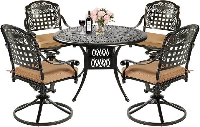 MEETWARM 5-Piece Outdoor Patio Dining Set, All-Weather Cast Aluminum Patio Conversation Set with 4 Cushions Swivel Rocker Chairs for Backyard Garden Deck and 35.4" Round Table, 2.2" Umbrella Hole