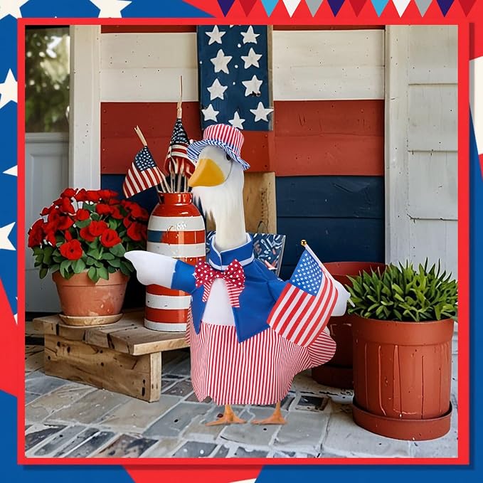 Patriotic Porch Goose Outfits for 23 Inch Statue | 4th of July Uncle Sam Costume for Cement Statue, 250th Anniversary USA Sculpture Clothes for Patio Party Decoration
