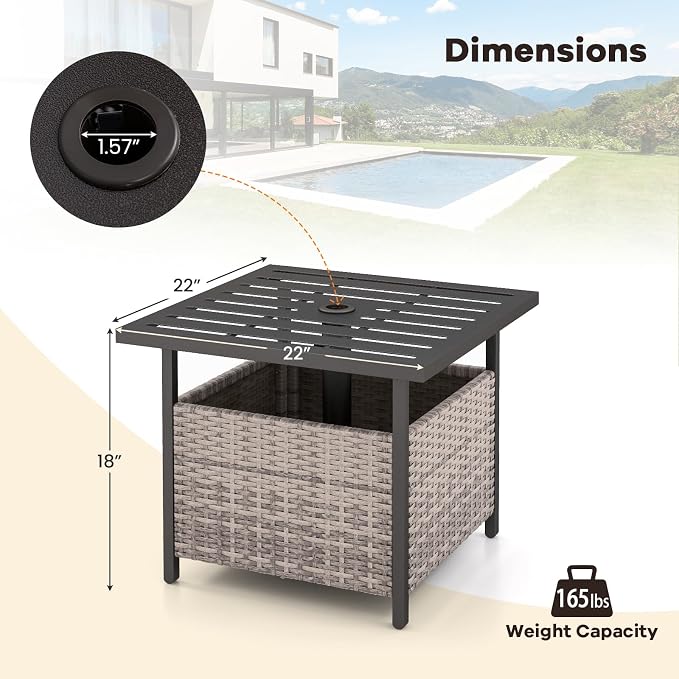 HAPPYGRILL Wicker Patio Umbrella Table with 1.57” Umbrella Hole, Outdoor Rattan Side Table with Heavy Duty Metal Frame, 22” Square PE Rattan End Table for Deck Backyard Poolside (Mix Gray)