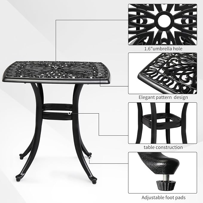 VINGLI 21" Cast Aluminum Outdoor Side Table with Umbrella Hole, All Weather Patio Side Table Bistro Table for Balcony, Yard and Porch (Black)