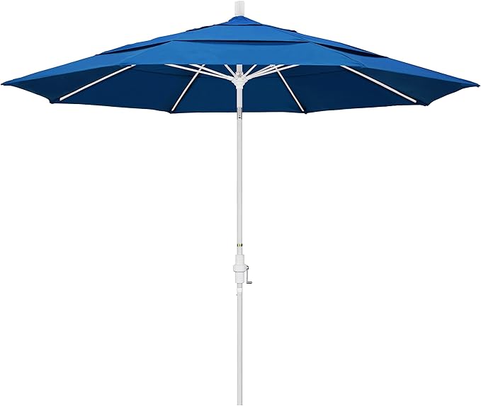 California Umbrella 11' Round Fiberglass Rib Market Umbrella, Crank Lift, Collar Tilt, Pacific Blue, White Pole (GSCUF118170-SA01-DWV)