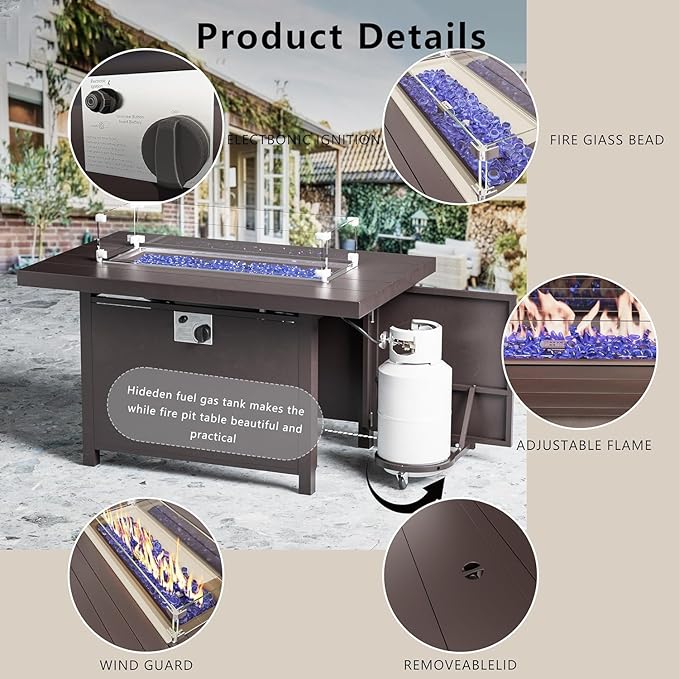 Patio Furniture Set 5-Piece Aluminum Armrest Sofa, Modern Outdoor Living Room Set with 55000 BTU Propane Aluminum Fireplace, Outdoor Rotary Joystick with Thick Cushion