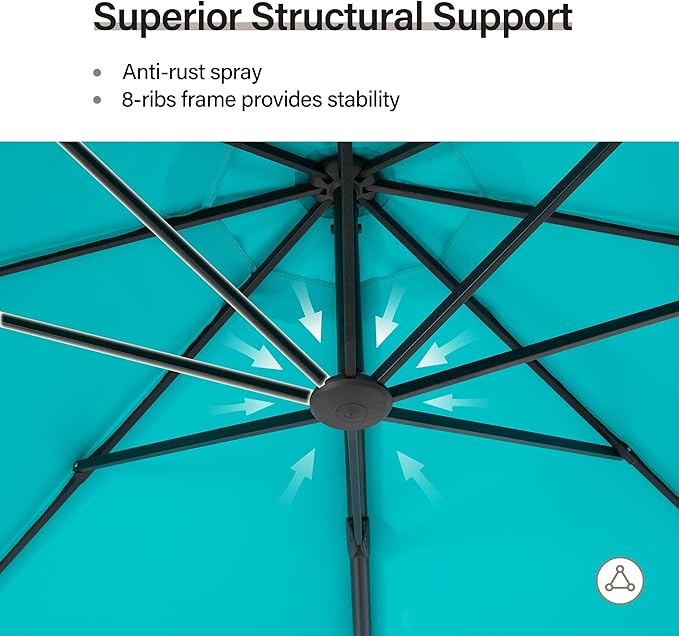 LAUSAINT HOME 11FT Curvy Cantilever Patio Umbrella with Base, 360° Rotation Offset Outdoor Umbrella, Heavy Duty Hanging Umbrella for Backyard, Pool, Garden（Turquoise Blue）