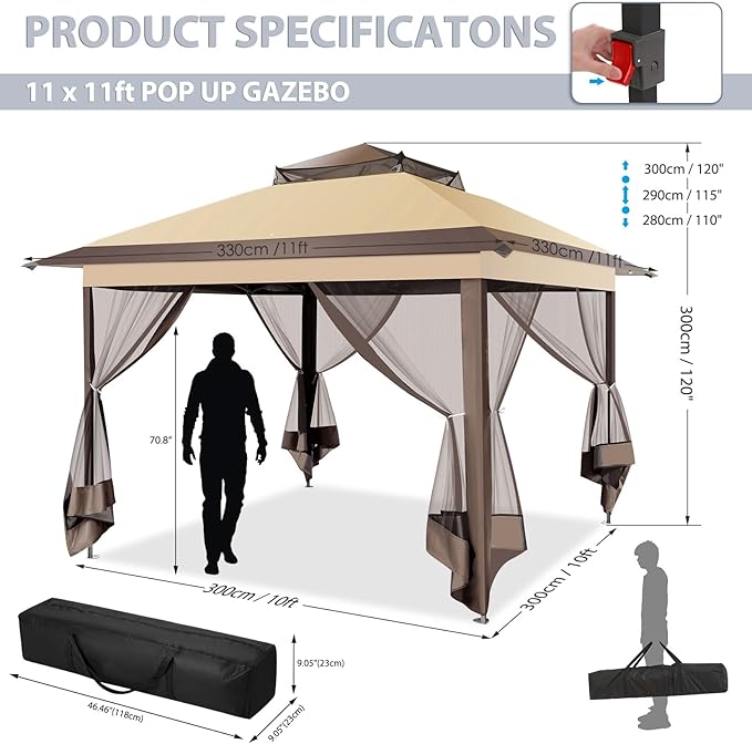 COBIZI Pop Up Gazebo 11x11 One-Push Canopy Tent, Carpas para Patio, Outdoor Canopy Shelter with Double Roof Ventiation 121 Square Feet of Shade for Lawn, Garden, Backyard and Deck,Brown(Upgraded 2.0)