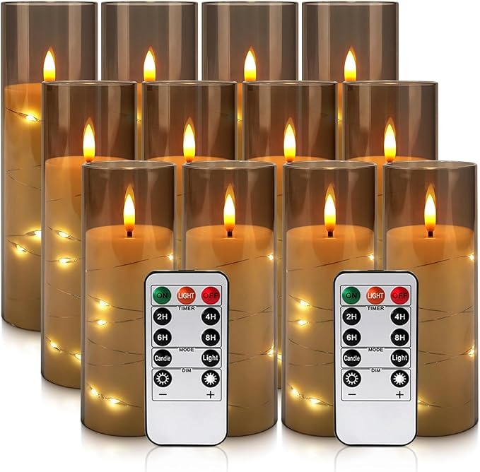 12-Pack Gray Acrylic Flameless LED Candles with Embedded String Lights - Remote Control for Holiday & Home Decor,Wedding.