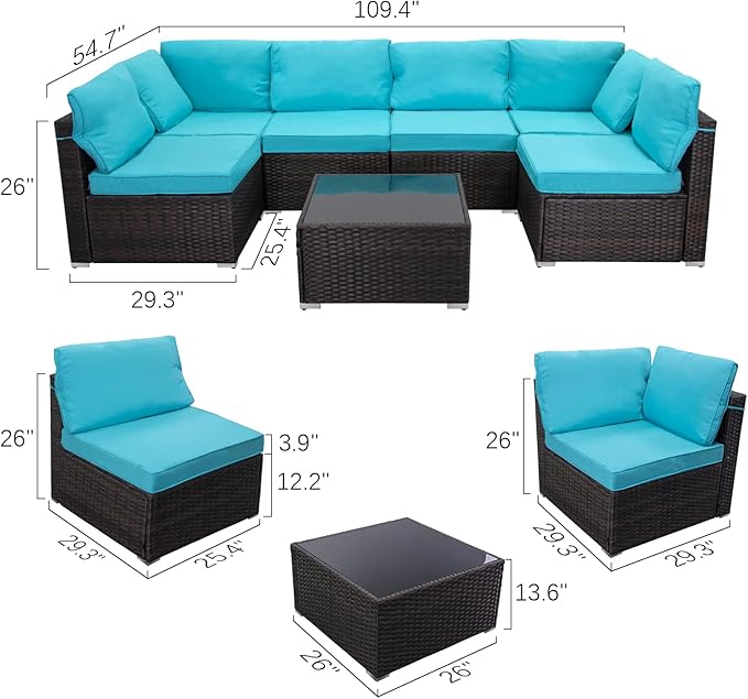 7 Pieces Outdoor Patio Furniture Sets,Rattan Conversation Sectional Set,Manual Weaving Wicker Patio Sofa with Tea Table