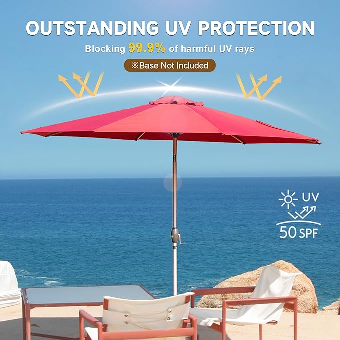Domi 10FT Patio Umbrella Outdoor Market Umbrella with Silver Aluminum Pole, UV Resistant Canopy, Wind Vent, Tilt & Crank System, Perfect for Patio, Garden, Deck, Pool, Outdoor Dining, Red