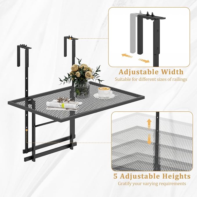 HAPPYGRILL Balcony Railing Table, Outdoor Folding Hanging Table with 5 Adjustable Heights, Heavy Duty Metal Hanging Bar Table for Patio, Garden and Deck