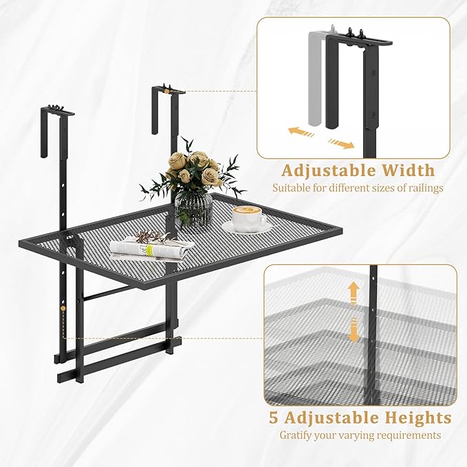 LDAILY Balcony Railing Table, Large Metal Folding Hanging Table with 5-Level Adjustable Height, Heavy-Duty Outdoor Bar Table Fits 1.4”-4” Railings for Patio, Porch, Deck, Black