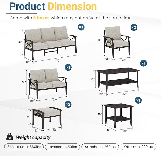 RoyalCraft 8-Pieces Outdoor Patio Furniture Set, Outdoor Metal Sectional Furniture with Cushions, Outdoor Conversation Seating Set with Coffee Table for Balcony, Backyard, Garden, Deck, Beige