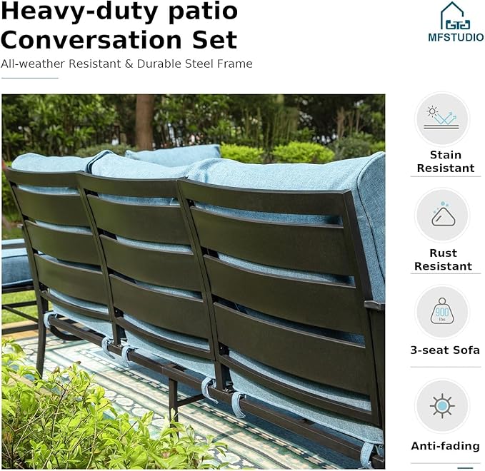 MFSTUDIO 4 Piece Patio Conversation Sets, All Weather Metal Frame Outdoor Furniture Set Patio Sofas with 1 x 45 Rectangular Fire Pit Table, 1 x 3-Seat Sofa, 2 x Sofa Chairs, Navy Cushion