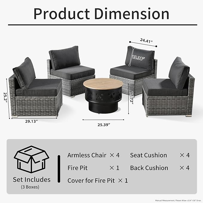 HOOOWOOO 5-Piece Outdoor Wicker Patio Furniture Set, All-Weather Rattan Chairs with Cushions and Fire Pit Table, Modern Garden Conversation Set for Patio, Porch, and Balcony (Black)