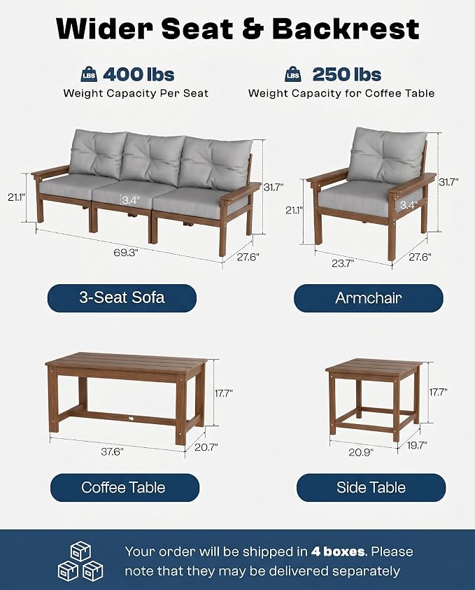 HDPE Outdoor Patio Furniture Set, 10-Piece Patio Conversation Set with 3-Seat Sofa, 4 Armchairs, 2 Side Tables & 1 Coffee Table, All-Weather Outdoor Sofa Set for Deck, Porch, Garden (Teak Frame)