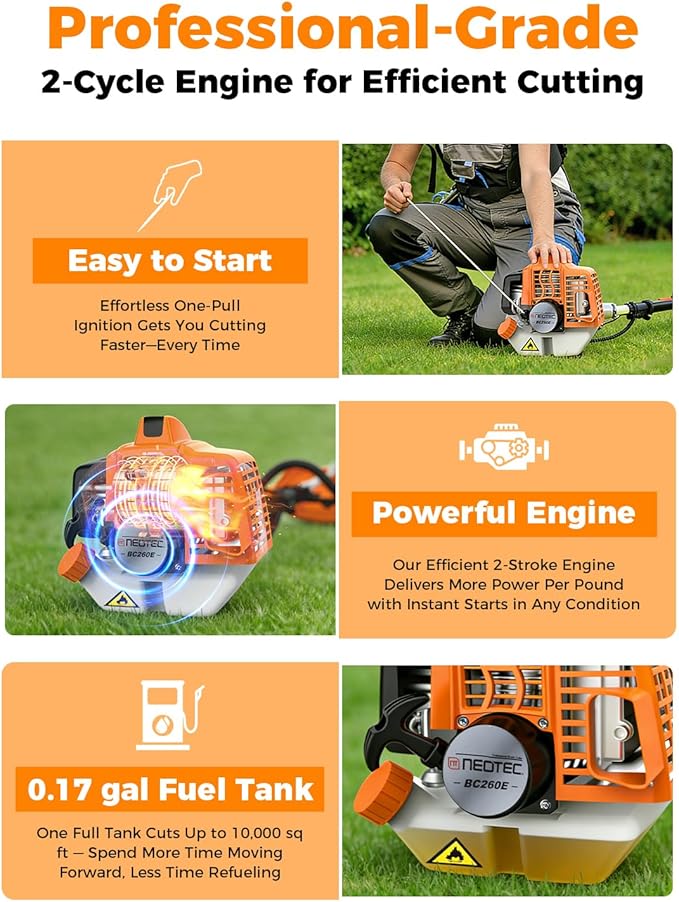NEO-TEC 26cc 3-in-1 Gas String Trimmer & Lawn Edger Powerful 2-Cycle Weed Eater, Lightweight Weed Wacker & Brush Cutter Quick-Start Gas Powered Trimmer,16" Lightweight Yard Tool with Shoulder Strap