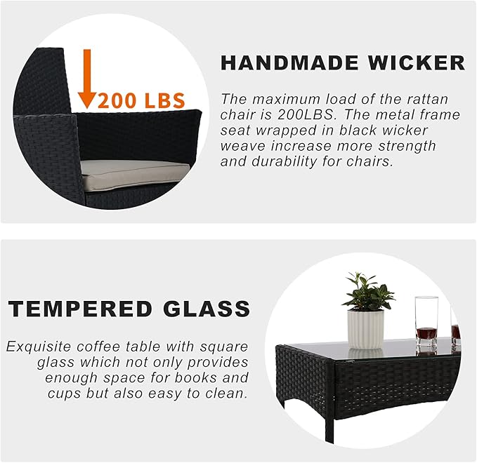 HCY Patio Furniture Set,4 Pieces Outdoor Couch Patio Dining Conversation Set,Rattan Chairs Wicker Sofa with Tempered Glass Table for Porch,Backyard,Lawn,Pool(Black)