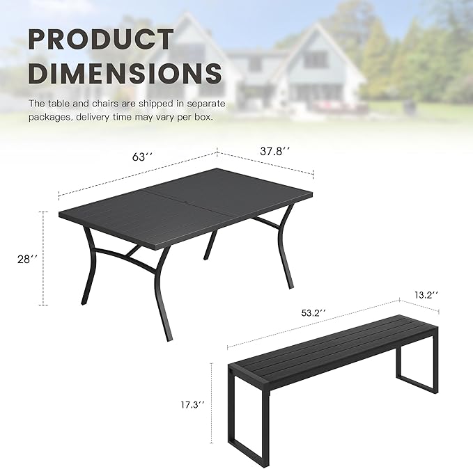 3 Pieces Outdoor Dining Set, 63.1" Patio Dining Table with 2 Outdoor Backless Benches Metal Frame & Faux Wood Seat for Garden Lawn Backyard, Black