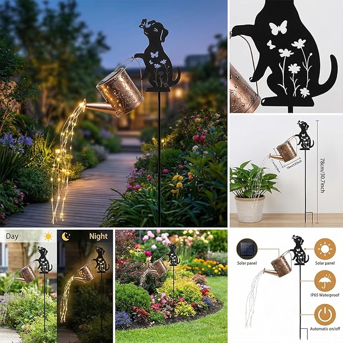 Solar Watering Can with Light, Outdoor Garden Decoration, Featuring A Metal Dog Statue Garden Stake; Makes A Great Gift for Women, for Outdoor Landscaping, Lawns, and Pathway