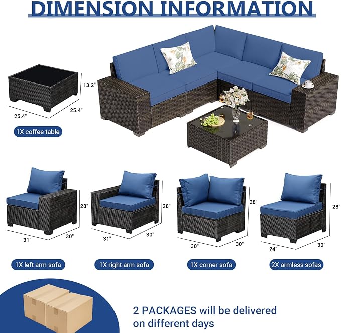 JOYURE 6 Pieces Patio Furniture Set, Outdoor Sofa with Waterproof Cushions, Rattan L Shaped Patio Couch & Coffee Table, Modern Outdoor Furniture for Backyard, Deck, Balcony – Navy