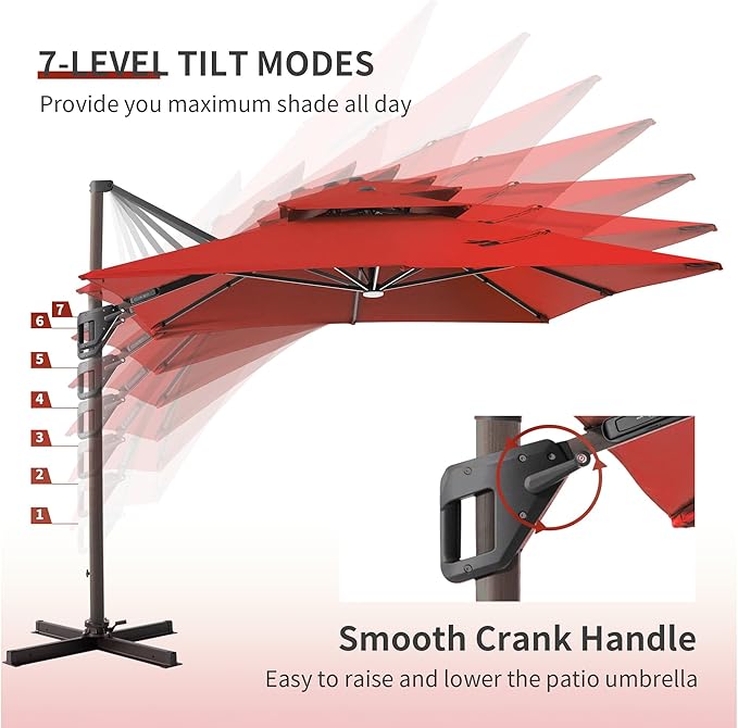 JZAC & QZYD 10X13 FT Outdoor Cantilever Patio Umbrella with LED Lights, Large Heavy Duty 2-Tier Aluminum Offset Umbrellas with 360-Degree Rotation for Pool Deck, Red