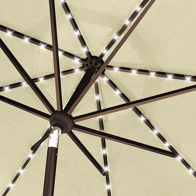 EliteShade USA 10-Year-Non-Fading 10ft Market Patio Umbrella, Commercial Grade Table Sun Umbrella with 80 Solar LED Lights, Crank Open, Windproof & UPF 50+ UV Protection for Garden, Deck, Pool, Backyard, Natural