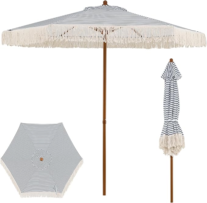 HAPPYGRILL 7 FT Patio Umbrella with Fringe, Outdoor Tassel Umbrella w/Sun-Protective Polyester Canopy, Wood-like Aluminum Pole, Air Vent, Boho Market Table Umbrella for Beach Backyard Poolside