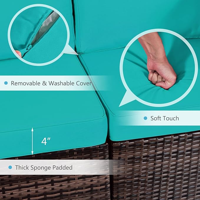 Tangkula 8 Piece Outdoor Wicker Sofa Set, Patio Rattan Conversation Set w/32” Propane Fire Pit Table & Tank Holder, 40,000 BTU Heat Output, Cozy Seat & Back Cushions, Fire Pit PVC Cover (Turquoise)