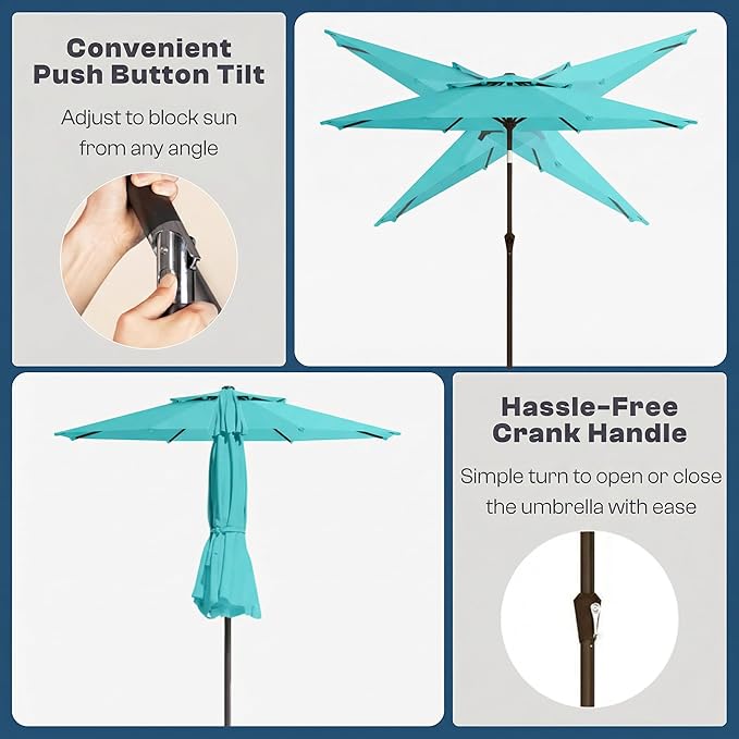 Outdoor Patio Umbrella, 2 Tiers Market Table Umbrella with 8 Sturdy Ribs, Push Button Tilt and Crank, UPF50+ UV Protection for Deck, Pool, Garden and Backyard