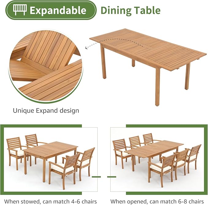 OC Orange-Casual 6-8 Person Extendable Solid Dining Table, 59''-79'' Indoor Outdoor Acacia Wood Rectangular Table for Home Kitchen Deck, FSC Certified Wood