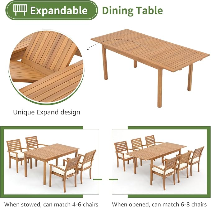OC Orange-Casual 7 Piece Patio Dining Set, Outdoor Acacia Wood Furniture Set, Extendable Rectangular Table and 6 Stackable Chairs w/Removeable Fabric Cushion, White Cushion