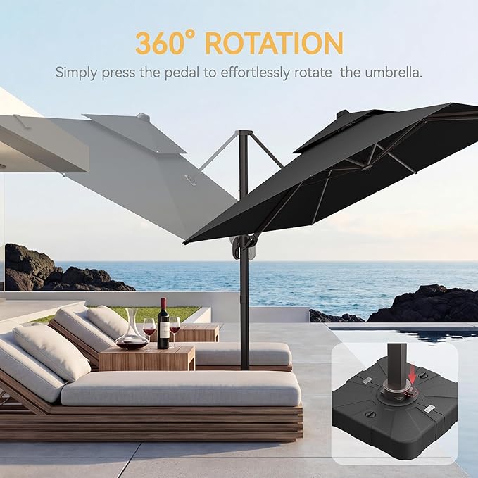 9x12 FT Patio Umbrella with base, Large Cantilever Rectangular Double Top Heavy Duty Offset Umbrellas with 360° Rotation, Outdoor shade for Garden Deck Pool, Gray